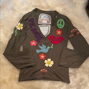 Johnny Was Olive Top with Colorful Embroidery